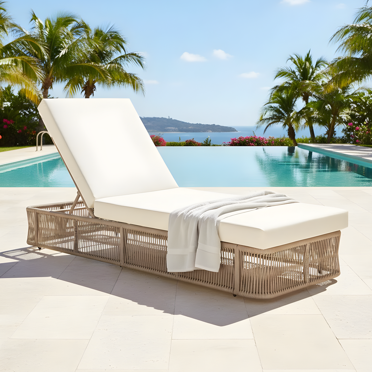 Beige and White Adjustable Sunlounge with Woven Rope Base