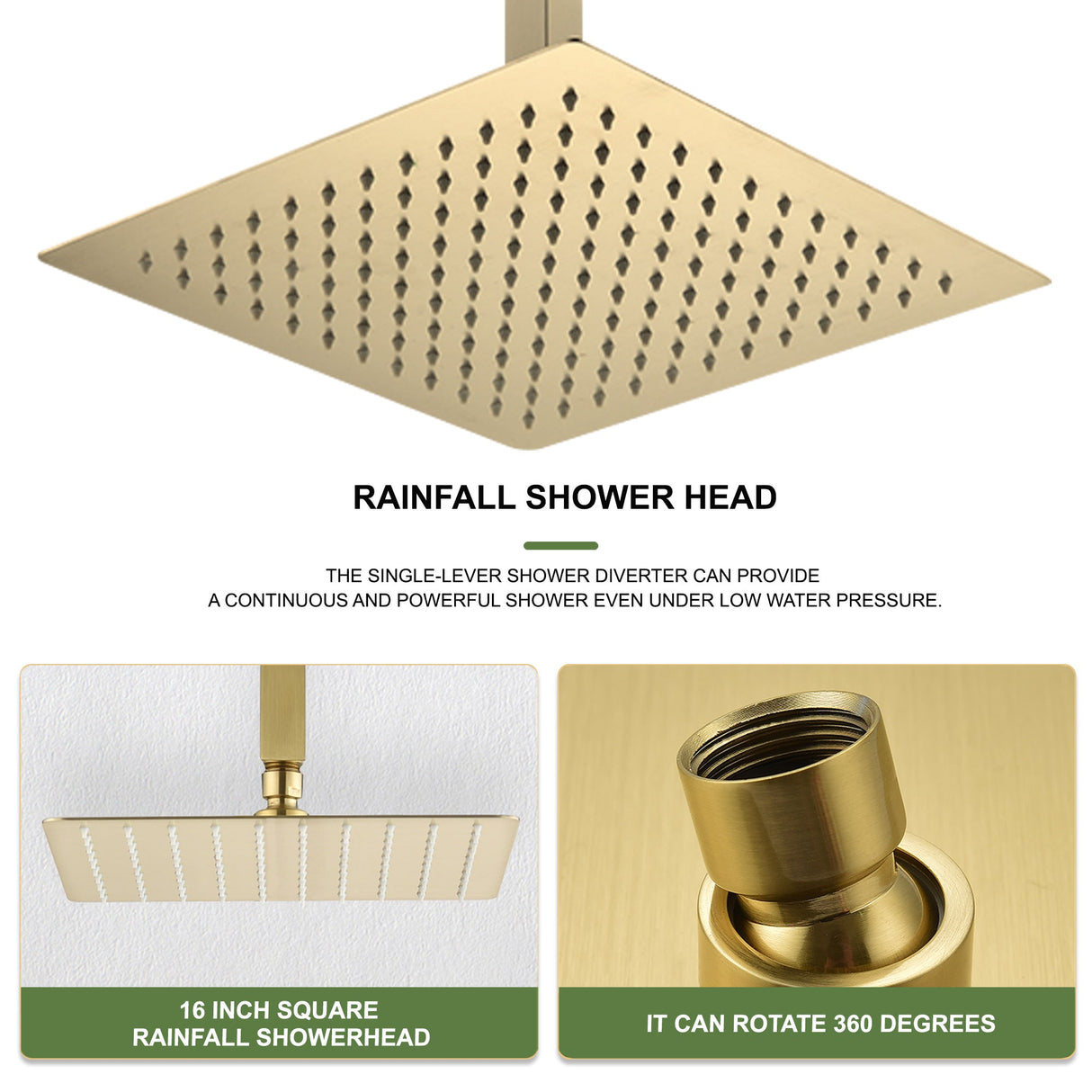 16 Inch Square Rain Shower Head - Brushed