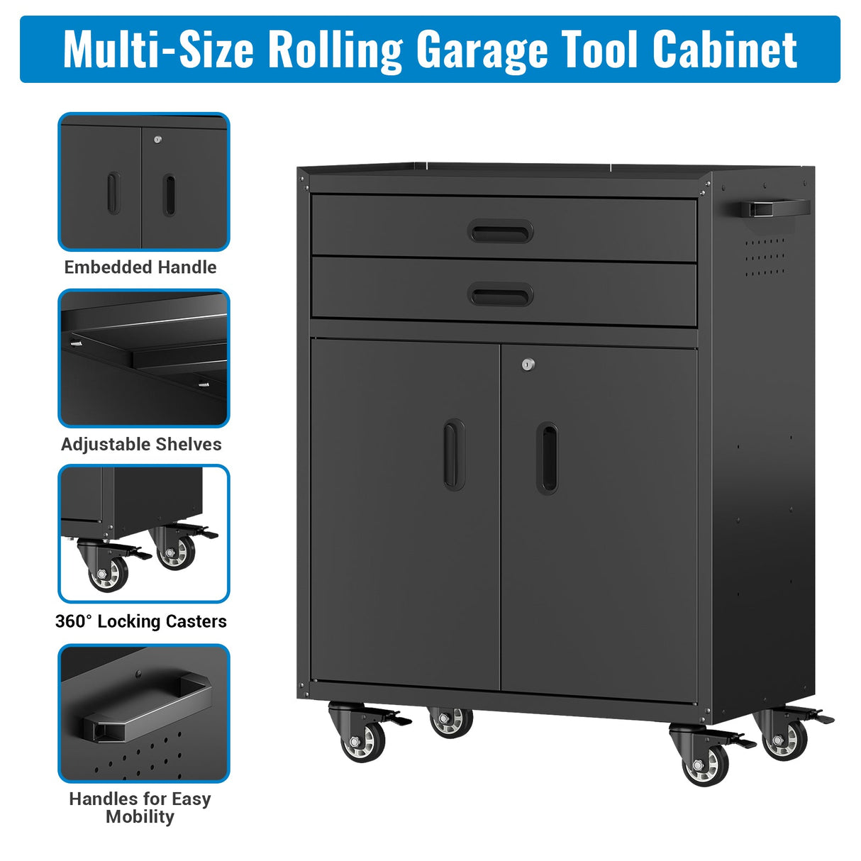 Metal Tool Garage Storage Cabinet with 2 Drawers and 2 Doors, with Wheels and Lock
