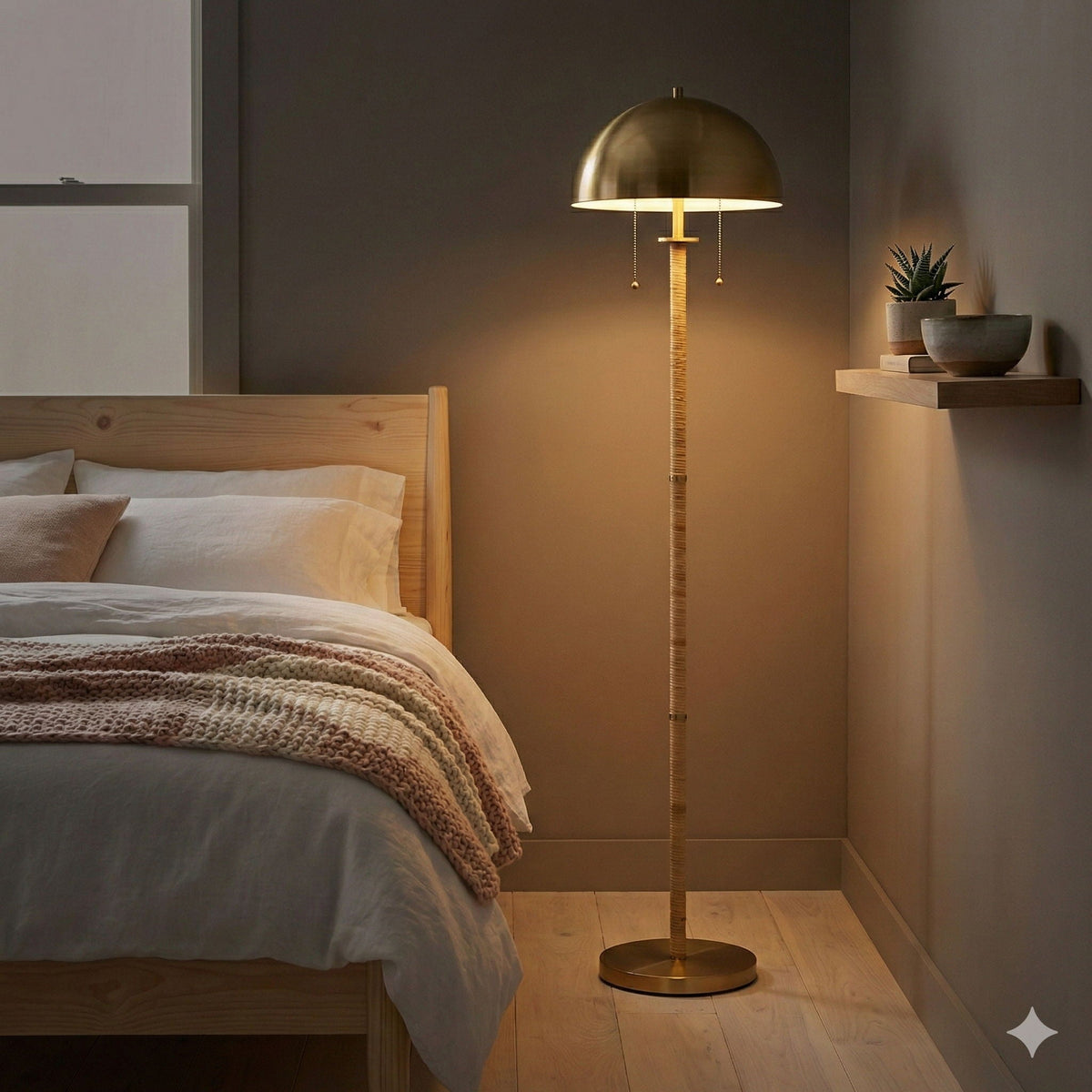 Allure - 2 Light Floor Lamp, Gold, Natural Tube, Double On / Off Pull Chain - Gold / Rattan