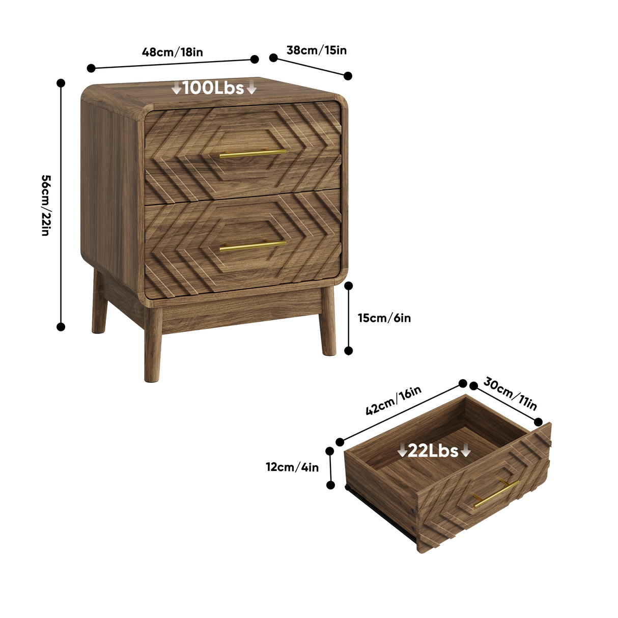 Walnut Wood Bedside Table with Double Drawers
