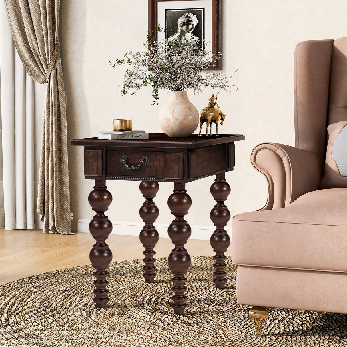 Solid Wood End Table with Drawer Espresso