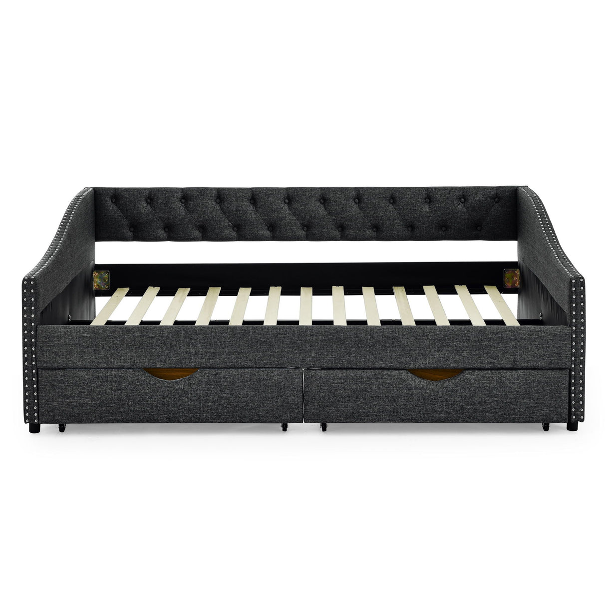 Upholstered Tufted Daybed With Drawers, Waved Arms