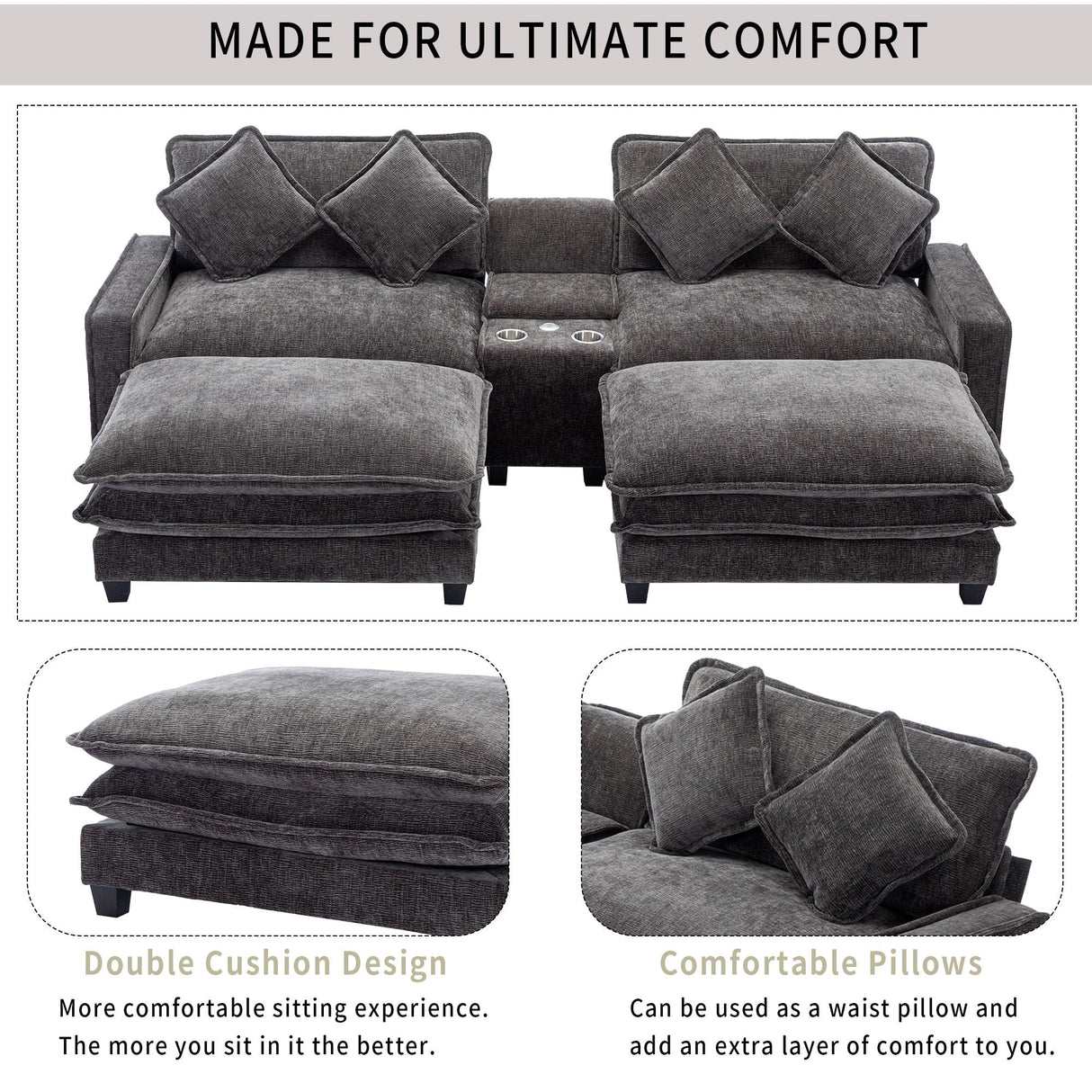Modern Sectional Sofa With Removable Ottomans, USB Ports