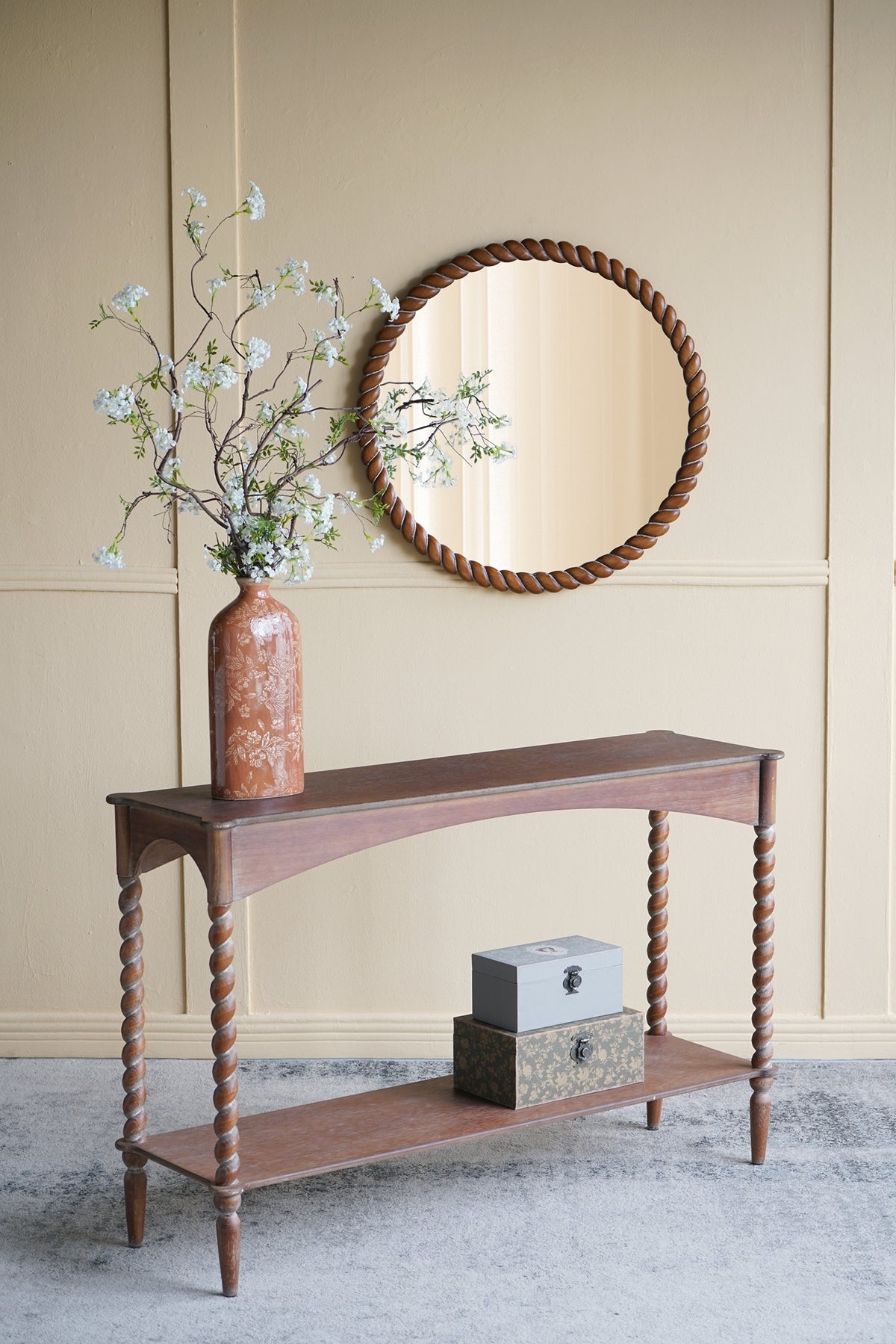 47x14x30" Rustic Brown Wood Console Table with Turned Spiral Legs and Lower Shelf
