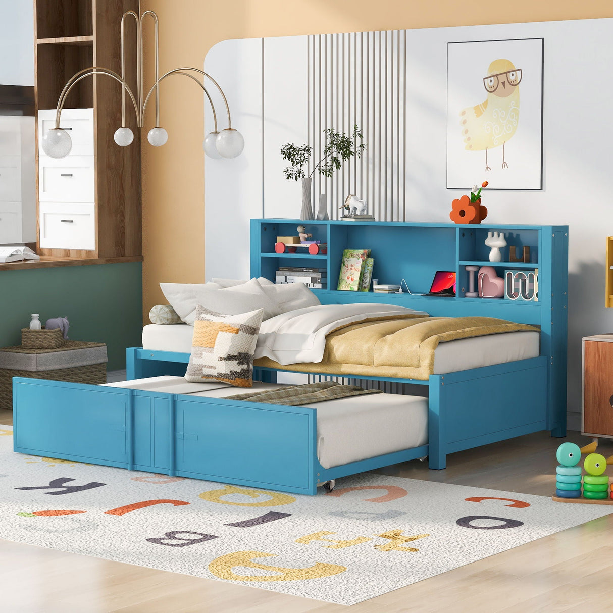 Industrial Metal Daybed With Trundle, Storage Shelves, USB Ports