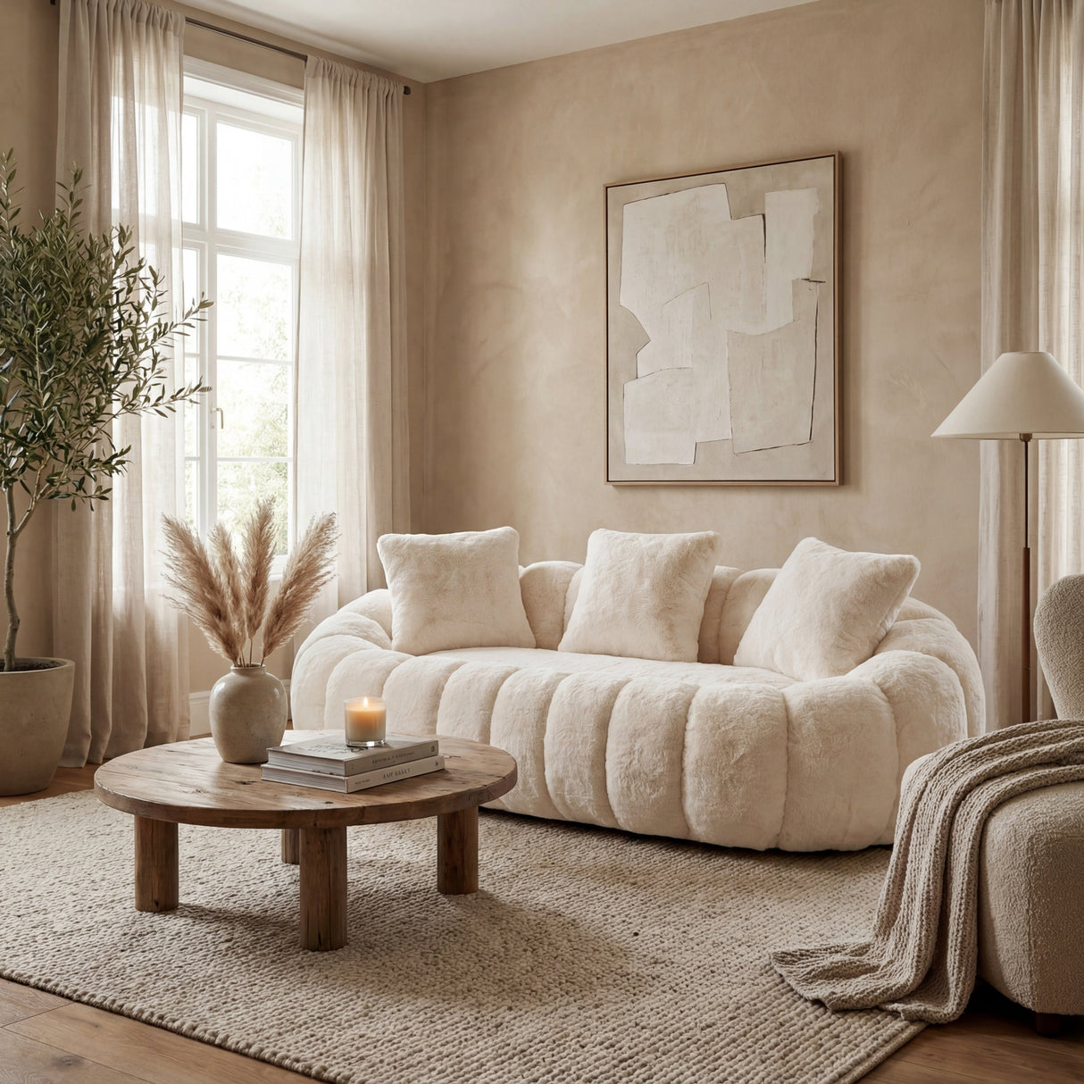 Floral-Shaped Beige Two-Seater Sofa with Ultra-Soft Faux Fur