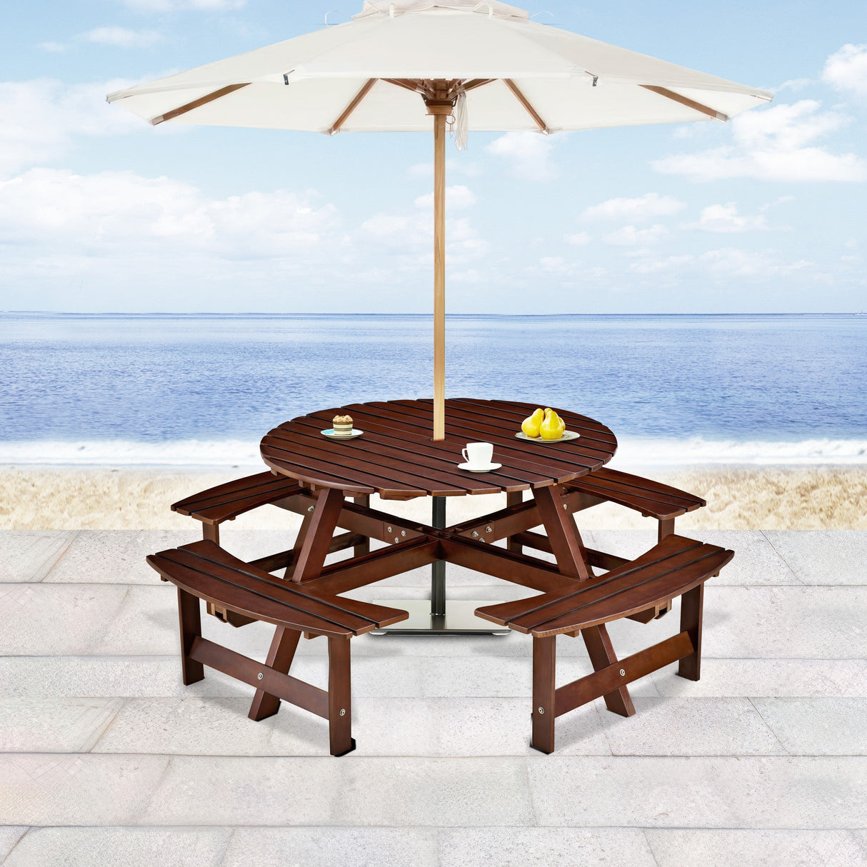 Outdoor 8 Person Round Picnic Table with Built-in Benches and Umbrella Hole