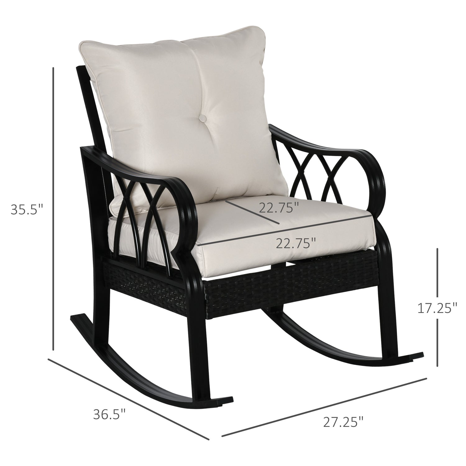 Outdoor wicker rocking chair with padded cushions, aluminum furniture rattan porch rocker chair w/ armrest