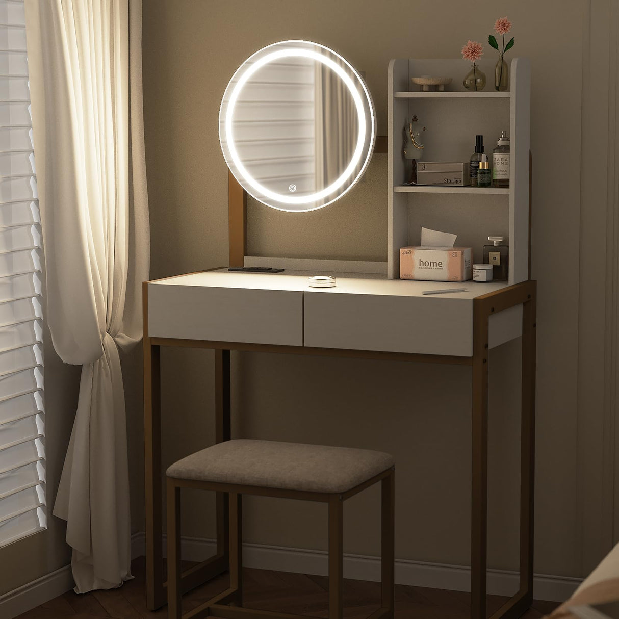 Small Vanity Desk with Mirror and Lights