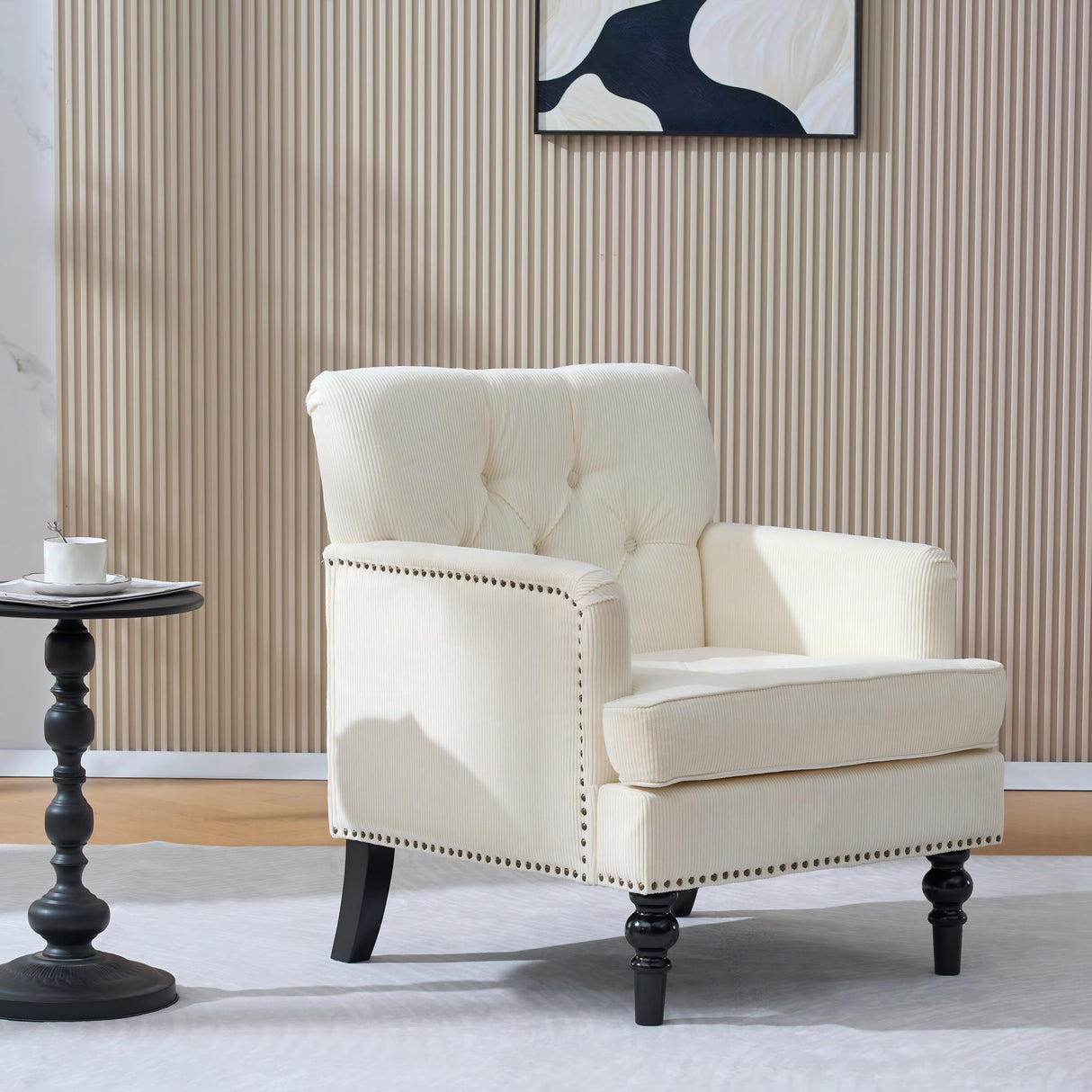 Tufted Club Chair, Upholstered Accent Armchair in Beige Corduroy