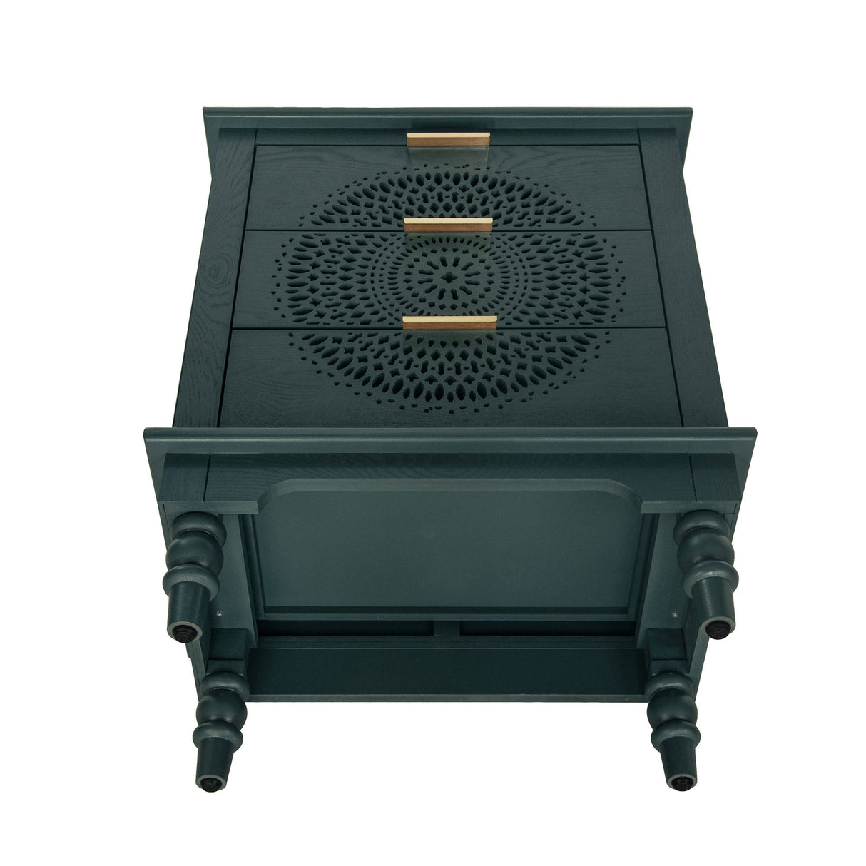 Blackish Green Hollow-Carved 3-Drawer Dresser with Metal Handles