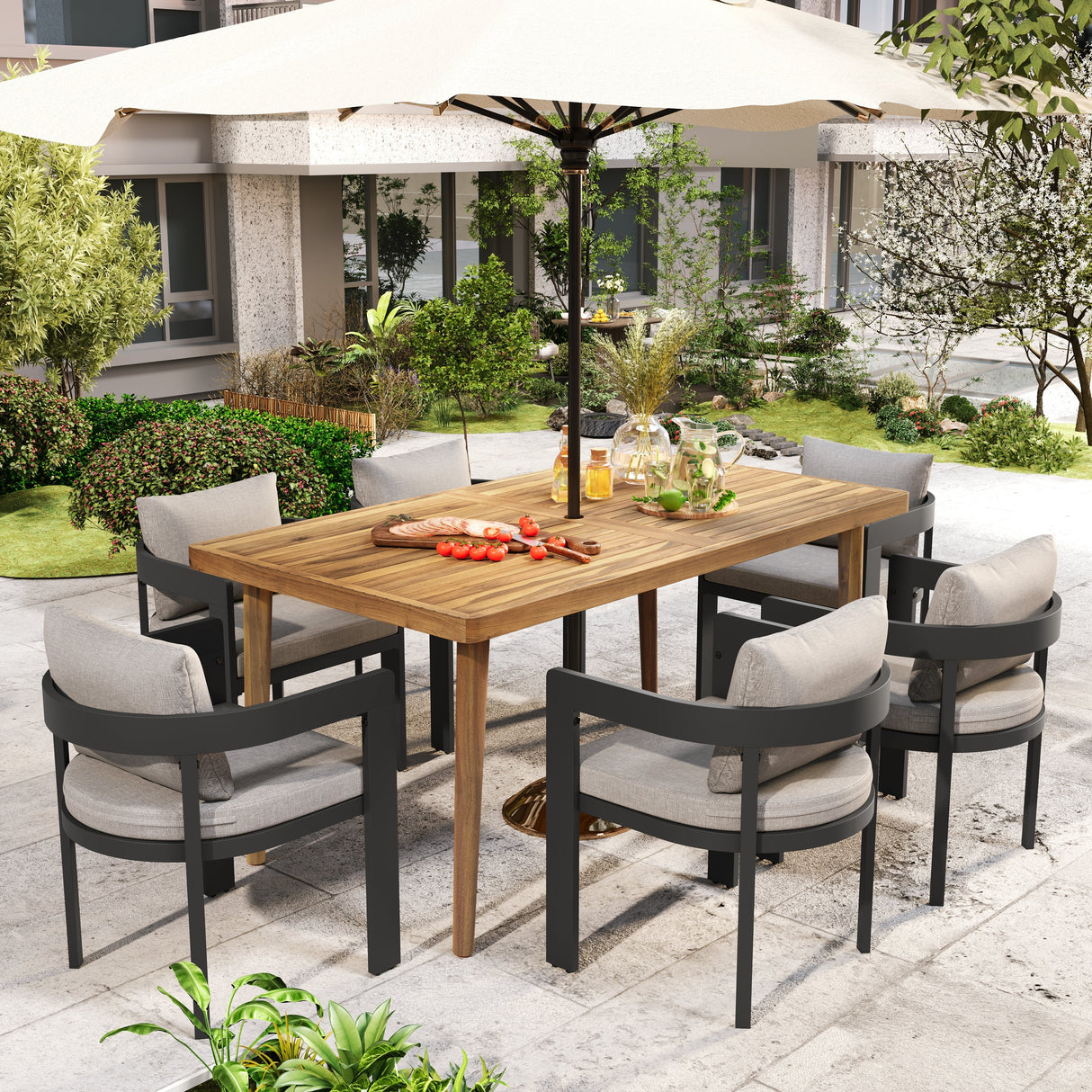 Outdoor Patio 7PCS Dining Set with Aluminum Chairs and Acacia Wood Table