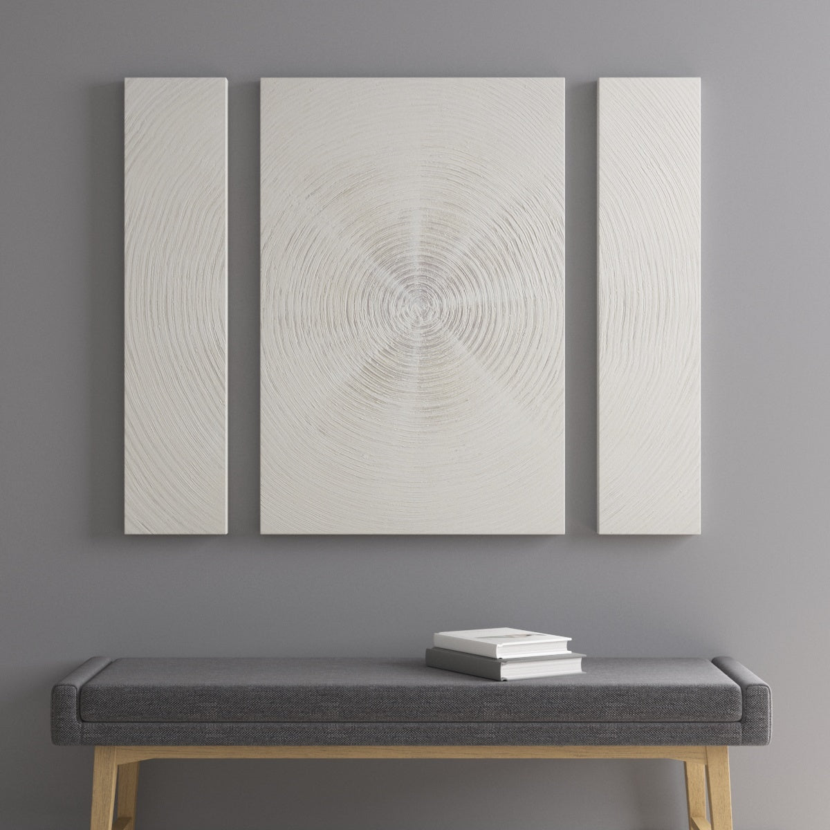Silver Sand Spiral™ — Hand-Embellished Abstract 3-Piece Canvas Triptych