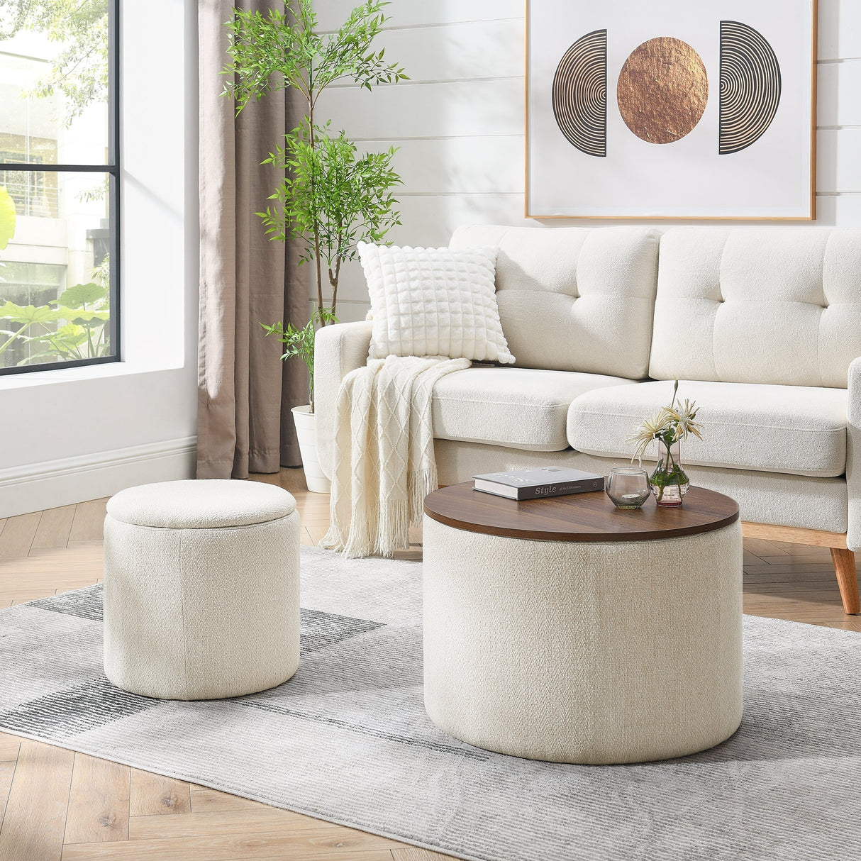Classic 2-Piece Round Chenille Storage Ottoman Set with Drum Shaped Stool - Beige