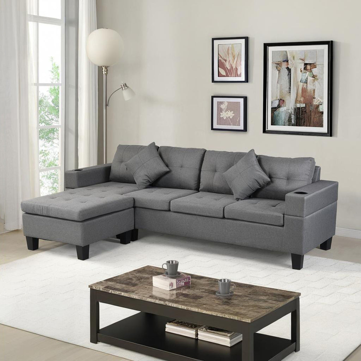 Modern Sectional Sofa Set With L Shape Chaise Lounge, Cup Holder, 4 Seat - Gray