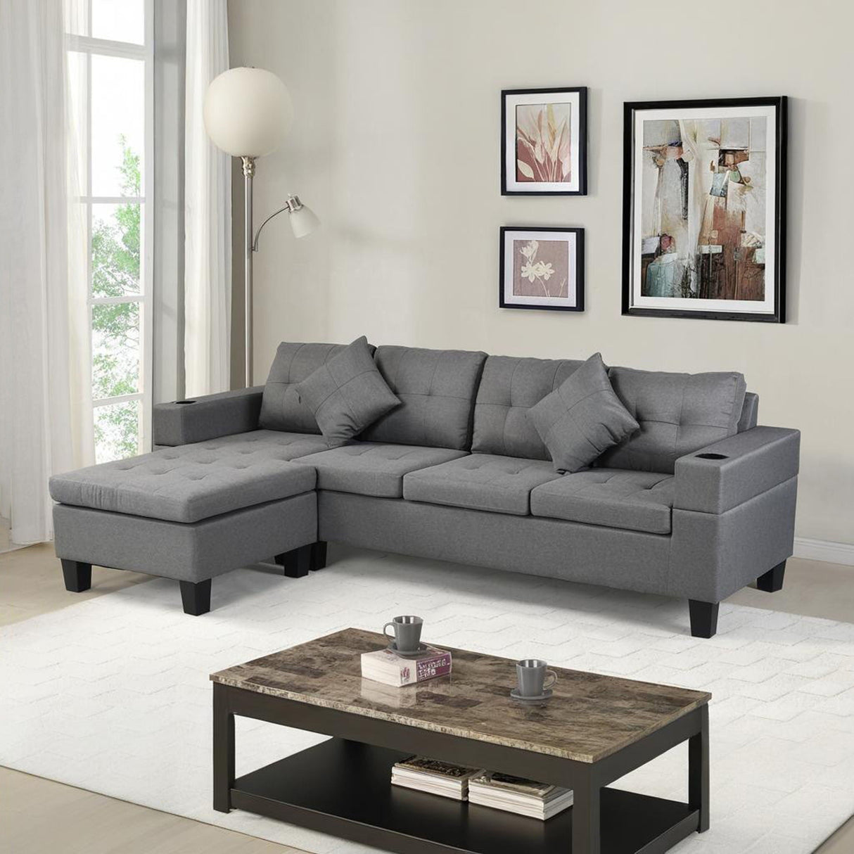Modern Sectional Sofa Set With L Shape Chaise Lounge, Cup Holder, 4 Seat - Gray