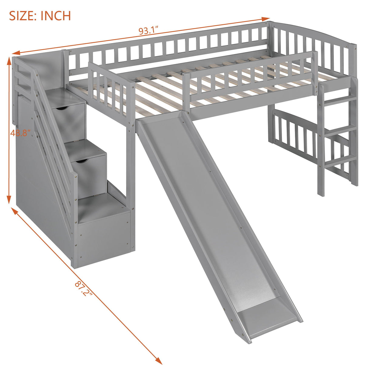 Loft Stairway Bed With 2 Drawers, Convertible Ladder And Slide