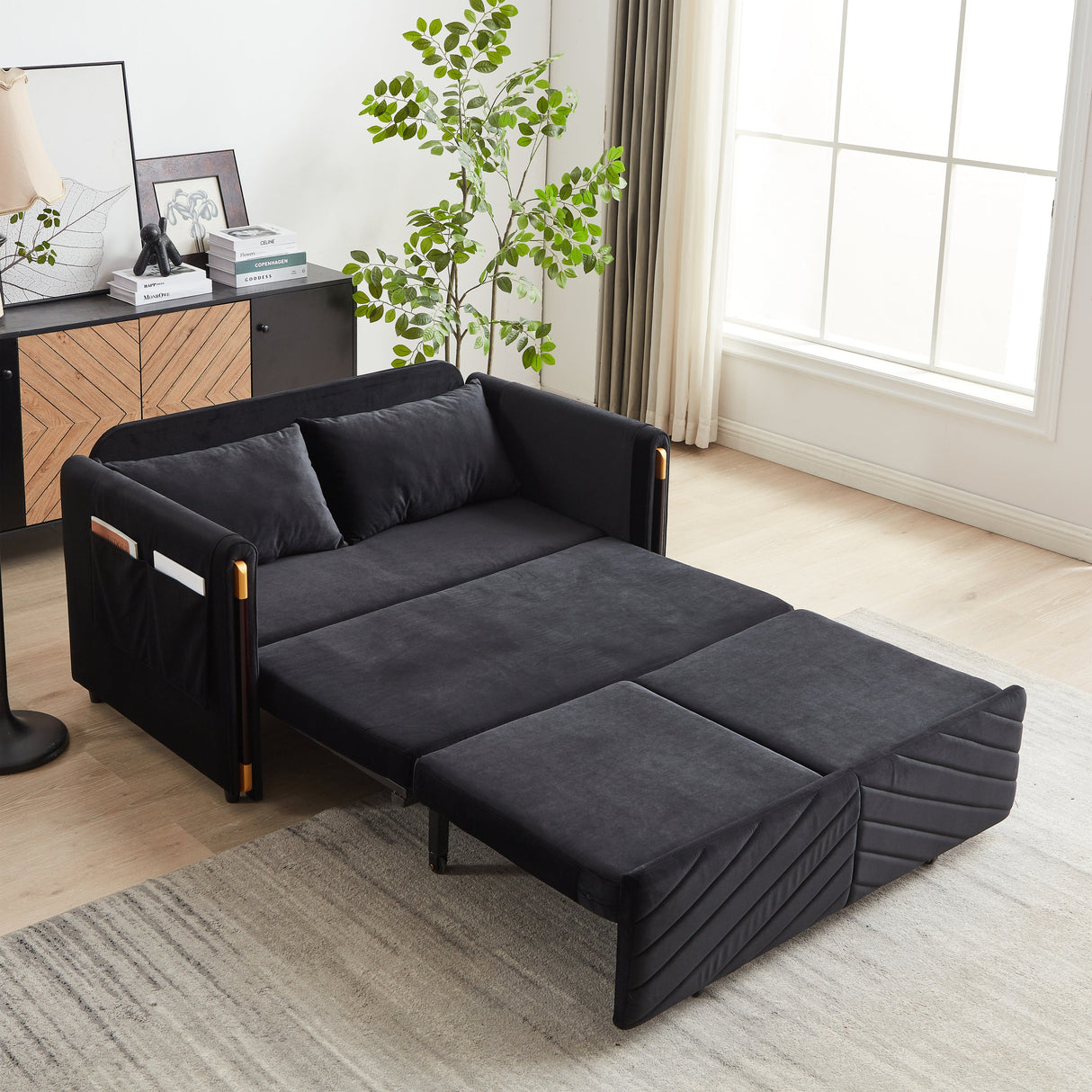 Conway Convertible Velvet Loveseat Sleeper with Arm Storage and Adjustable Back