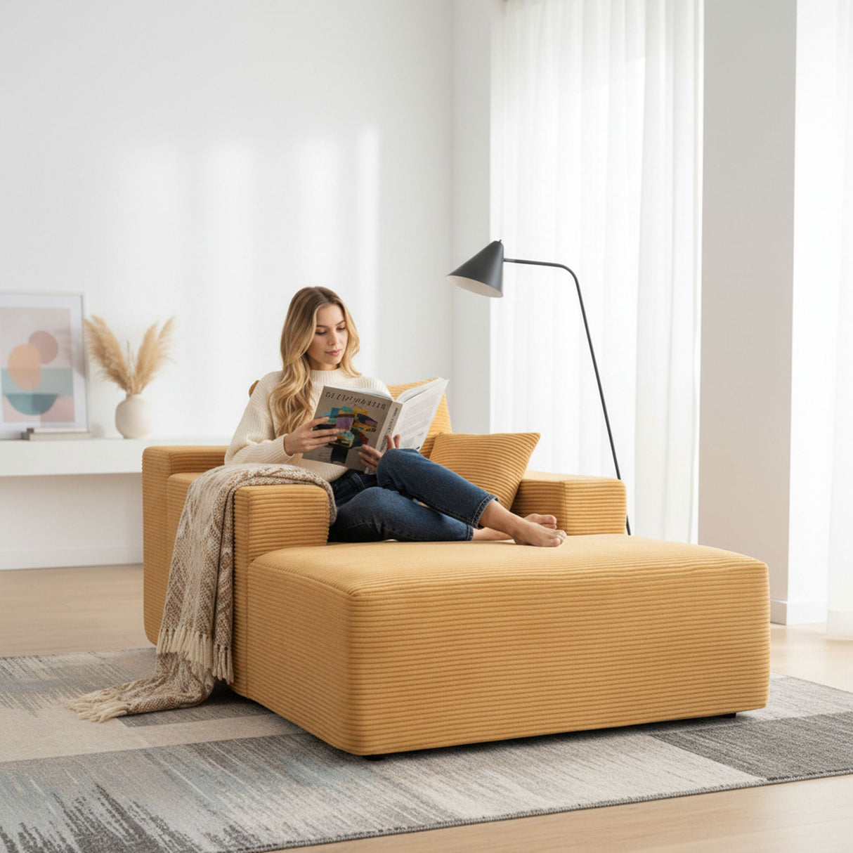 Convertible Chaise Lounge Chair With Wide Armrest & Throw Pillows