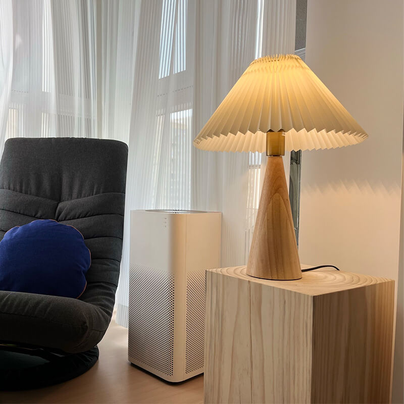 Japanese Minimalist Wooden Table Lamp Pleated Shade LED Indoor Lighting
