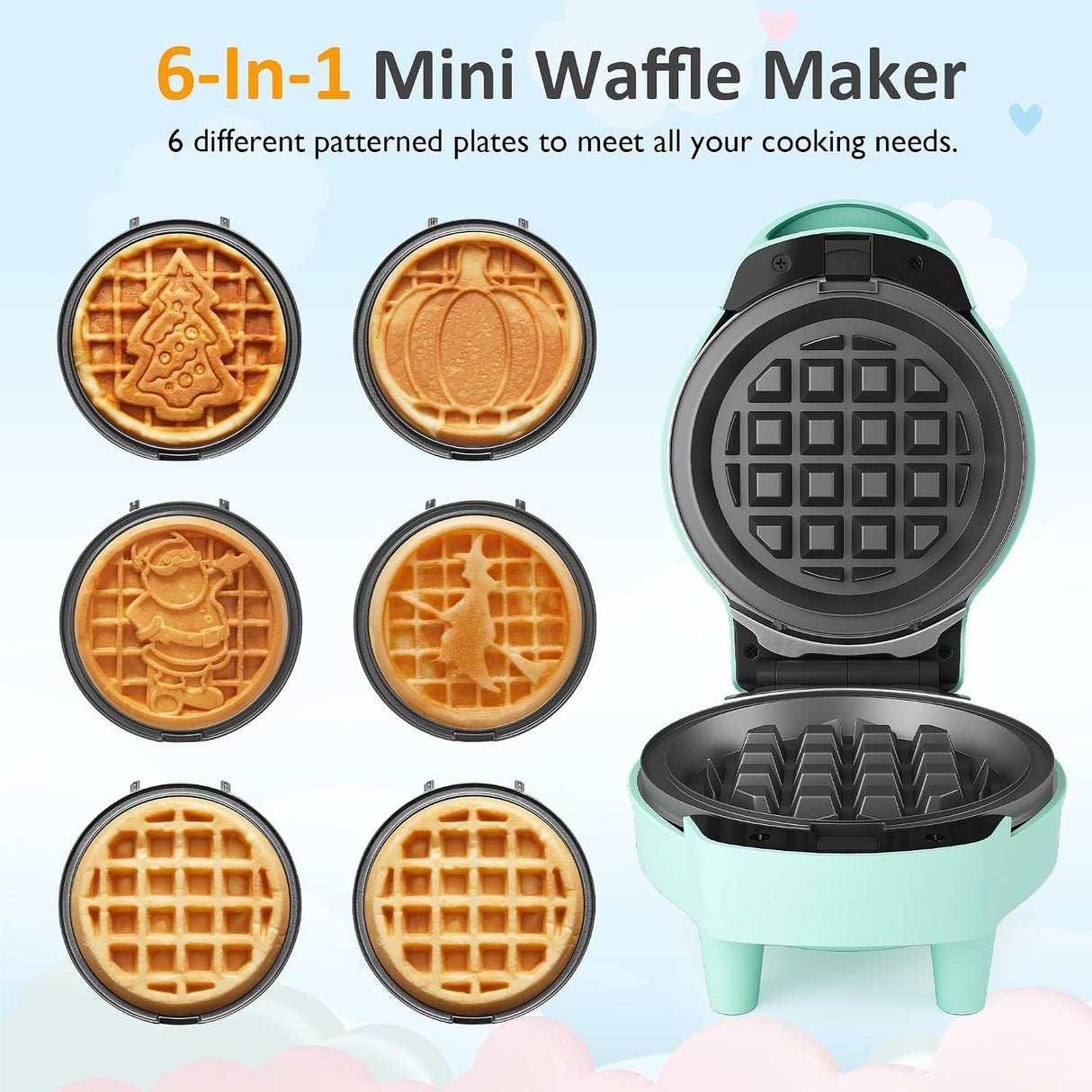 4" Kids Mini Waffle Maker - Waffle Iron with 6PCS Removable Plates