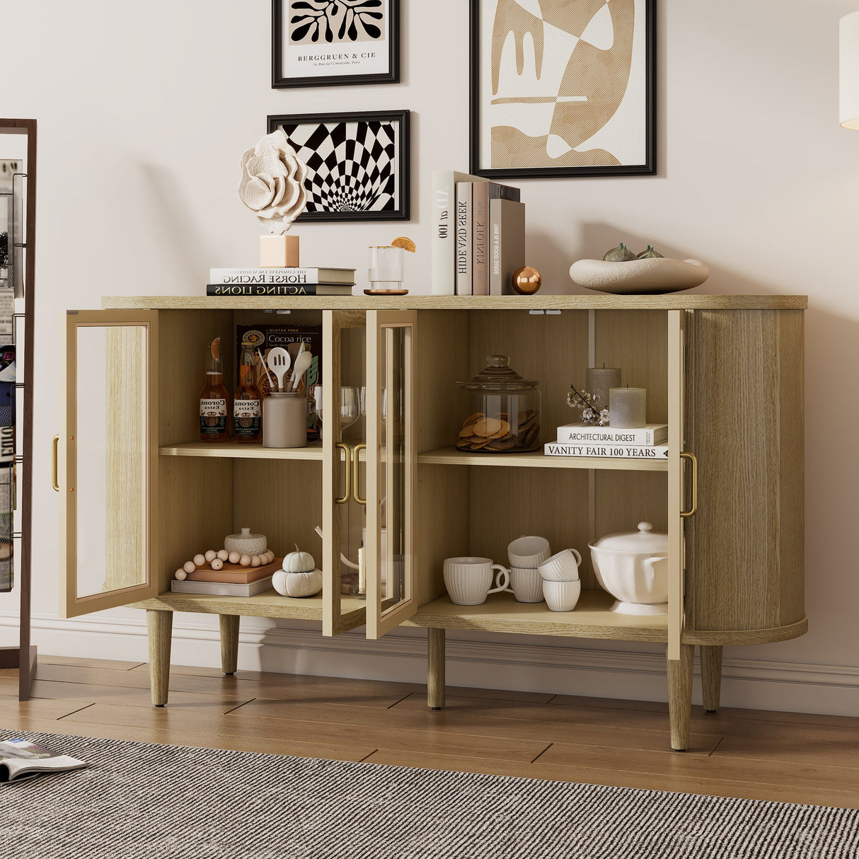 Wood Buffet Cabinet with Glass Doors and Adjustable Shelves
