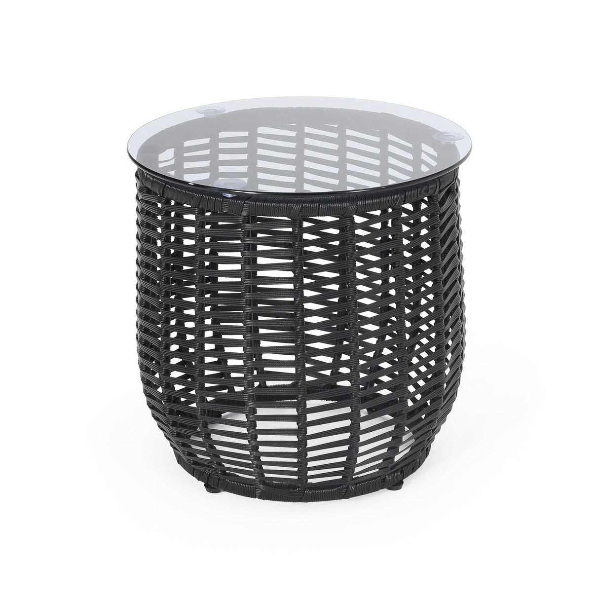 Boho ARIAS Side Table with Tempered Glass Top and Rattan Wrap, Black