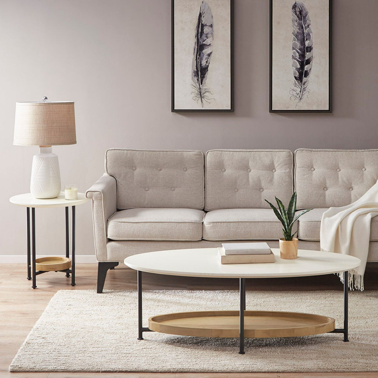 Oval End Table - White / Natural