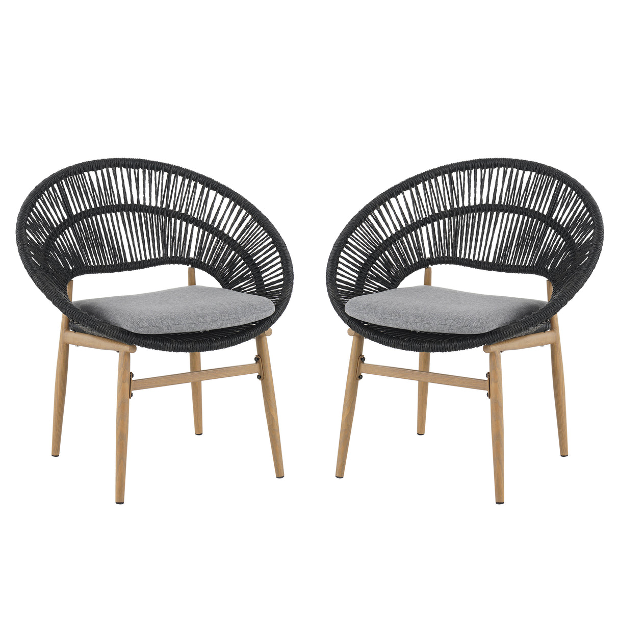 Cyril Outdoor Wicker Papasan Style Dining Chair with Teak Finished Leg and Dark Gray Faux Rattan, Gray Cushion, Set of 2