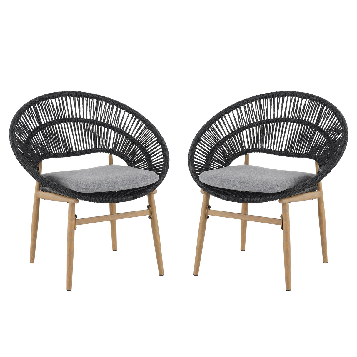 Cyril Outdoor Wicker Papasan Style Dining Chair with Teak Finished Leg and Dark Gray Faux RattanGray CushionSet of 2