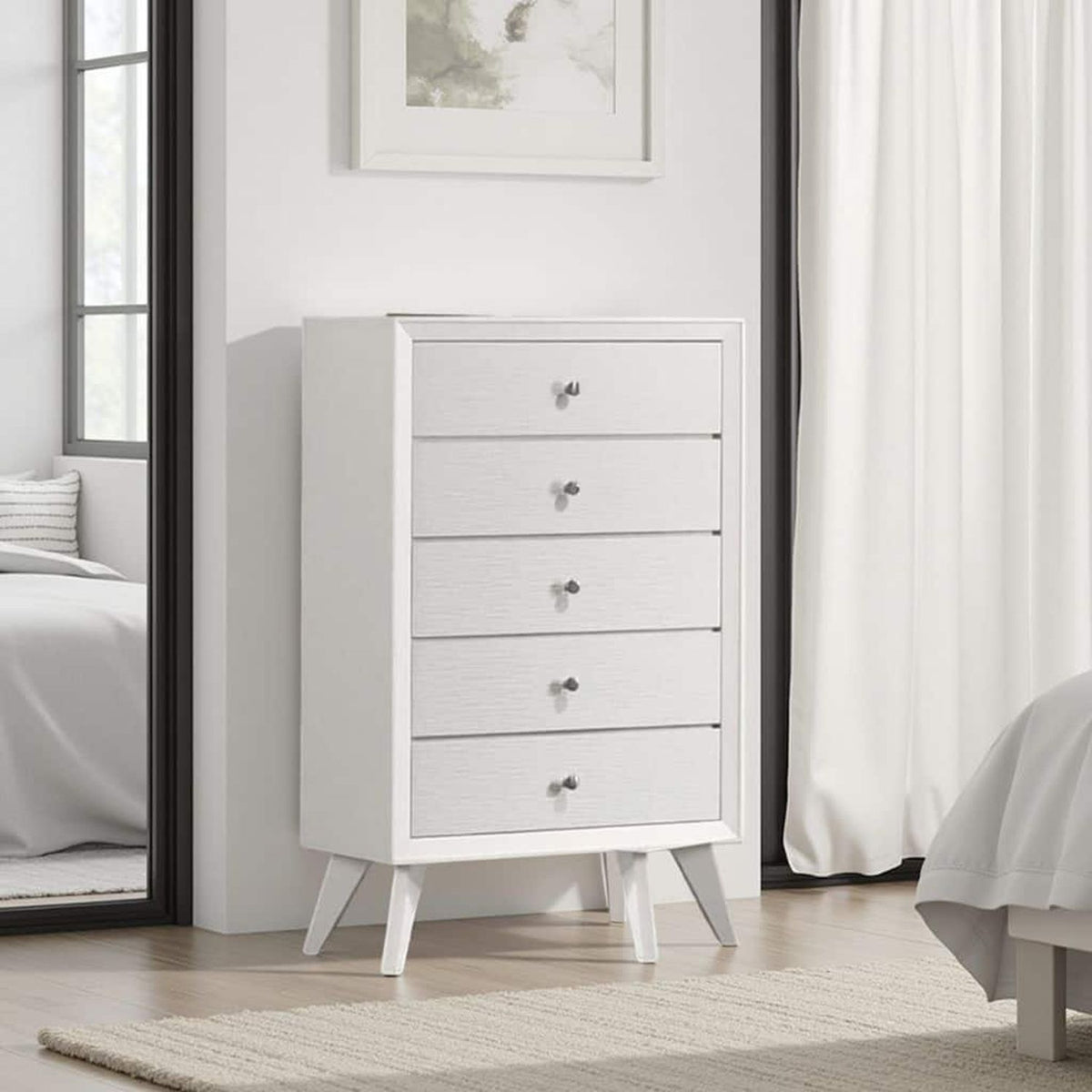 1 Piece Chest With Angled Legs, Wave Texture, Round Knobs - White