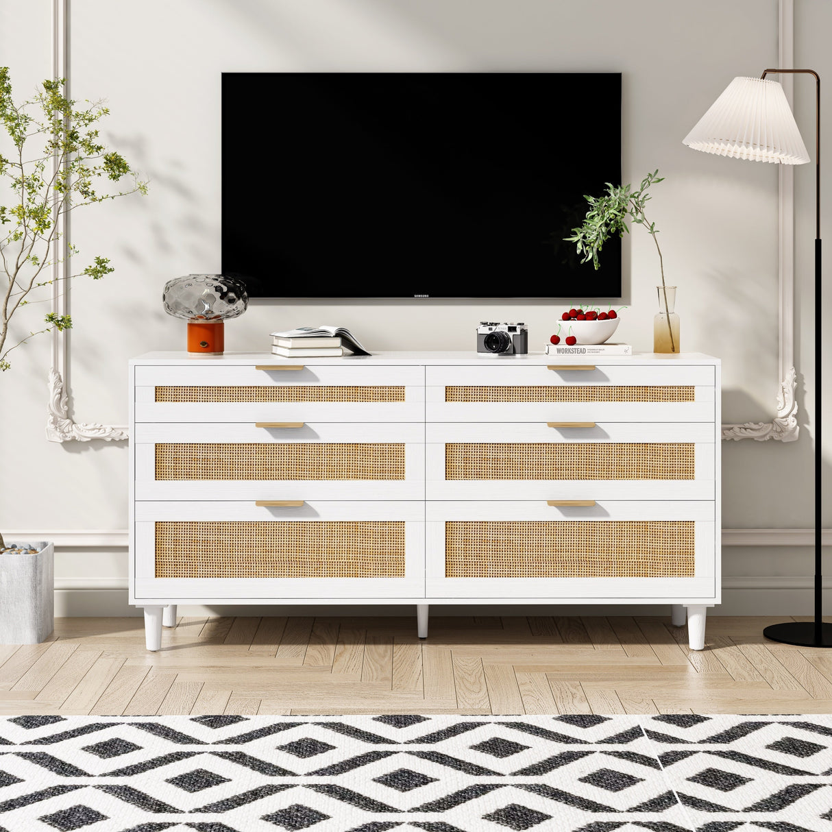 White Rattan Dresser with 6 Drawers, Metal Handles & Wood Legs