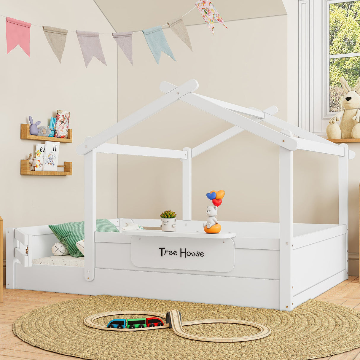 Full Size Floor Bed with Guardrails and Roof