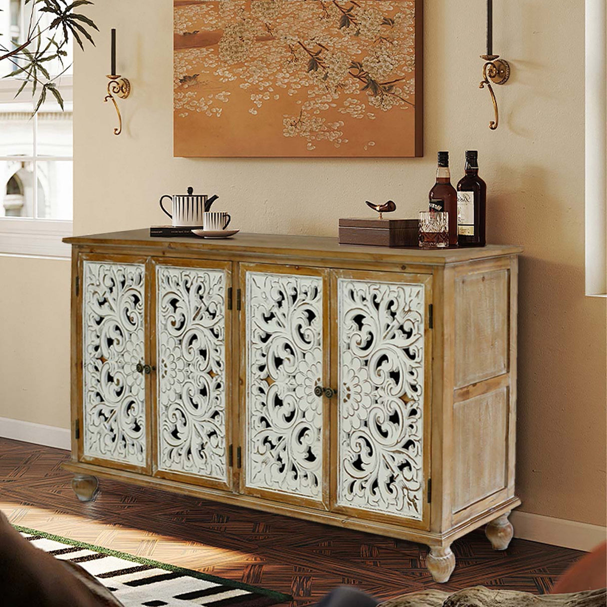 Accent Cabinet With 4 Doors Farmhouse Sideboard Buffet Cabinet