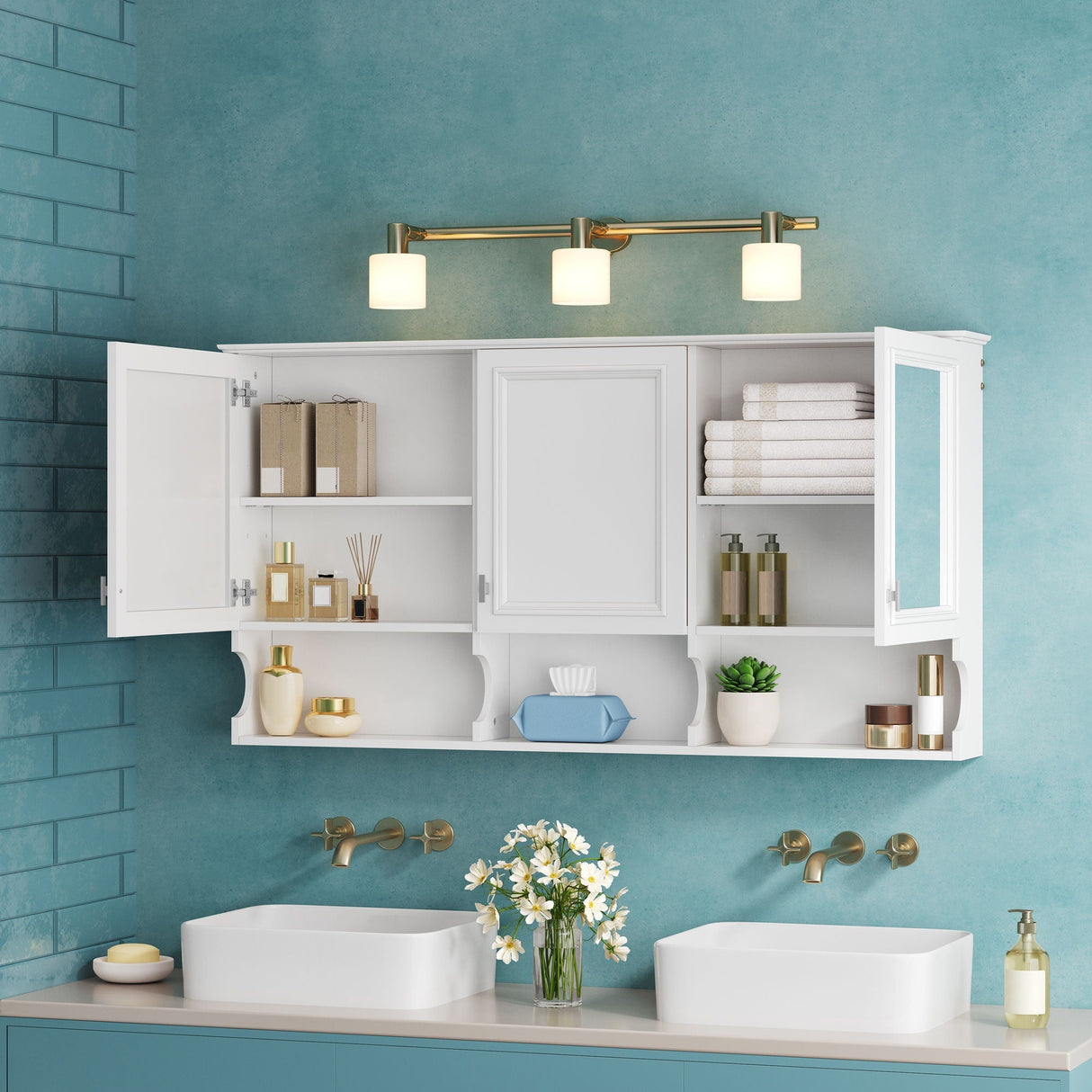 Wall-Mounted Mirror Medicine Cabinet with Adjustable Shelves and Open Storage