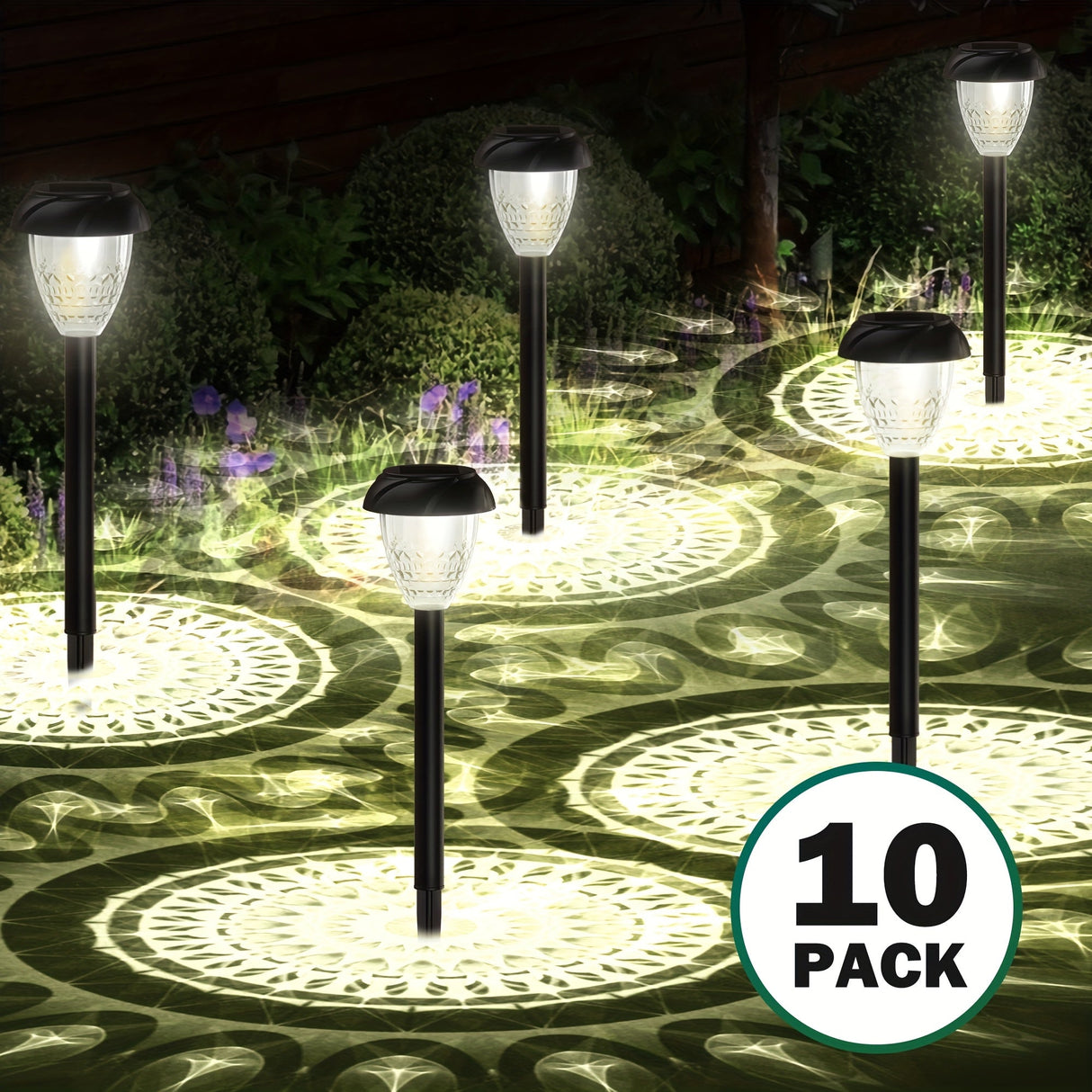 10-Pack Solar Pathway Lights – Bright White LED, Auto On/Off, Mandala Pattern Moktan Sabai