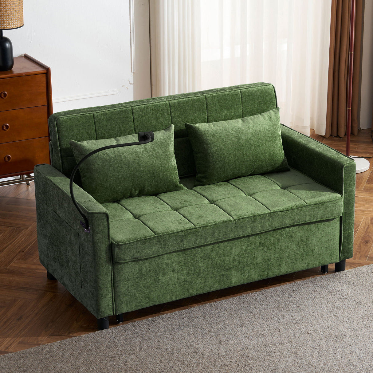 Loveseat Sofa Bed Sleeper With Reversible Backrest, Side Pockets, USB Ports, Phone Holder