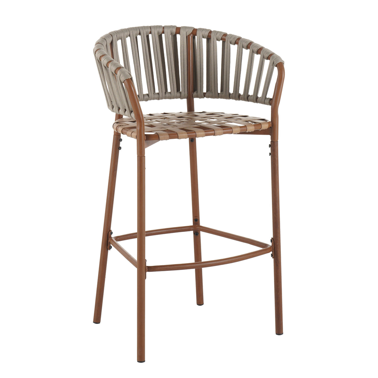 Lodi Outdoor Metal Rope Barstool, Teak Finished Frame and Beige Cushion, Set of 4