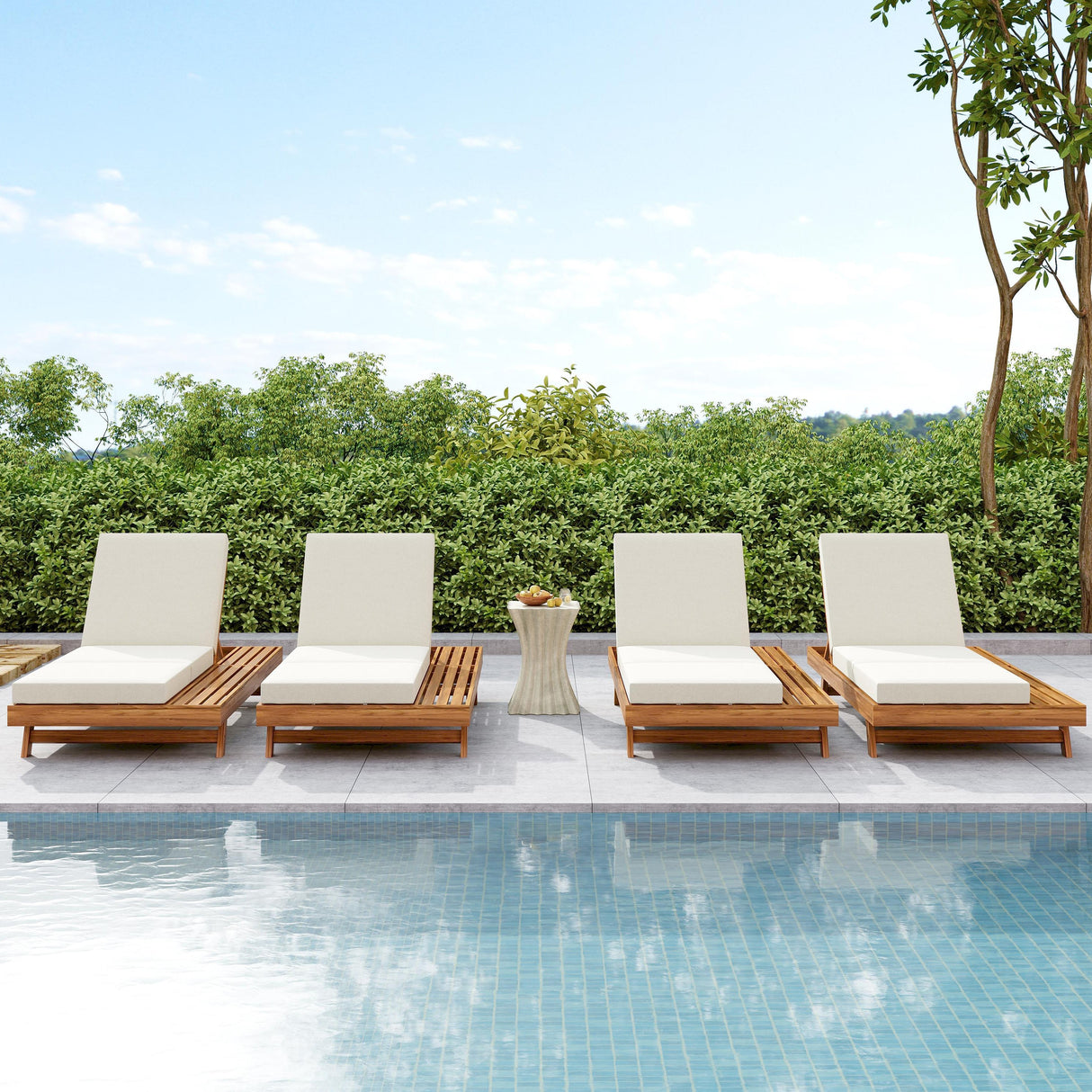 Lounge Chaise Set with Acacia Solid Wood and Cream Cushion