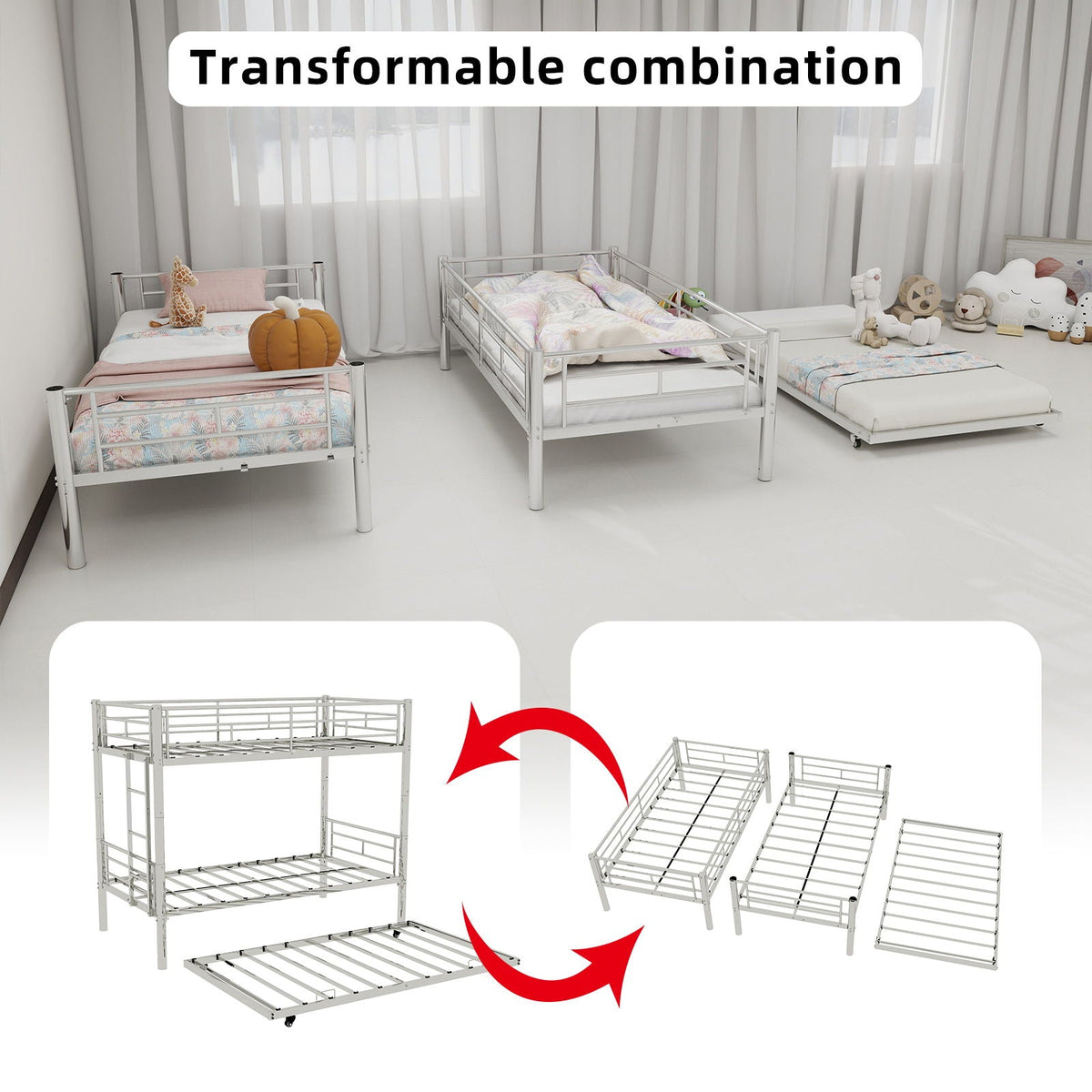 Bunk Bed For Kids, Convertible Frame With Ladders & Guardrail