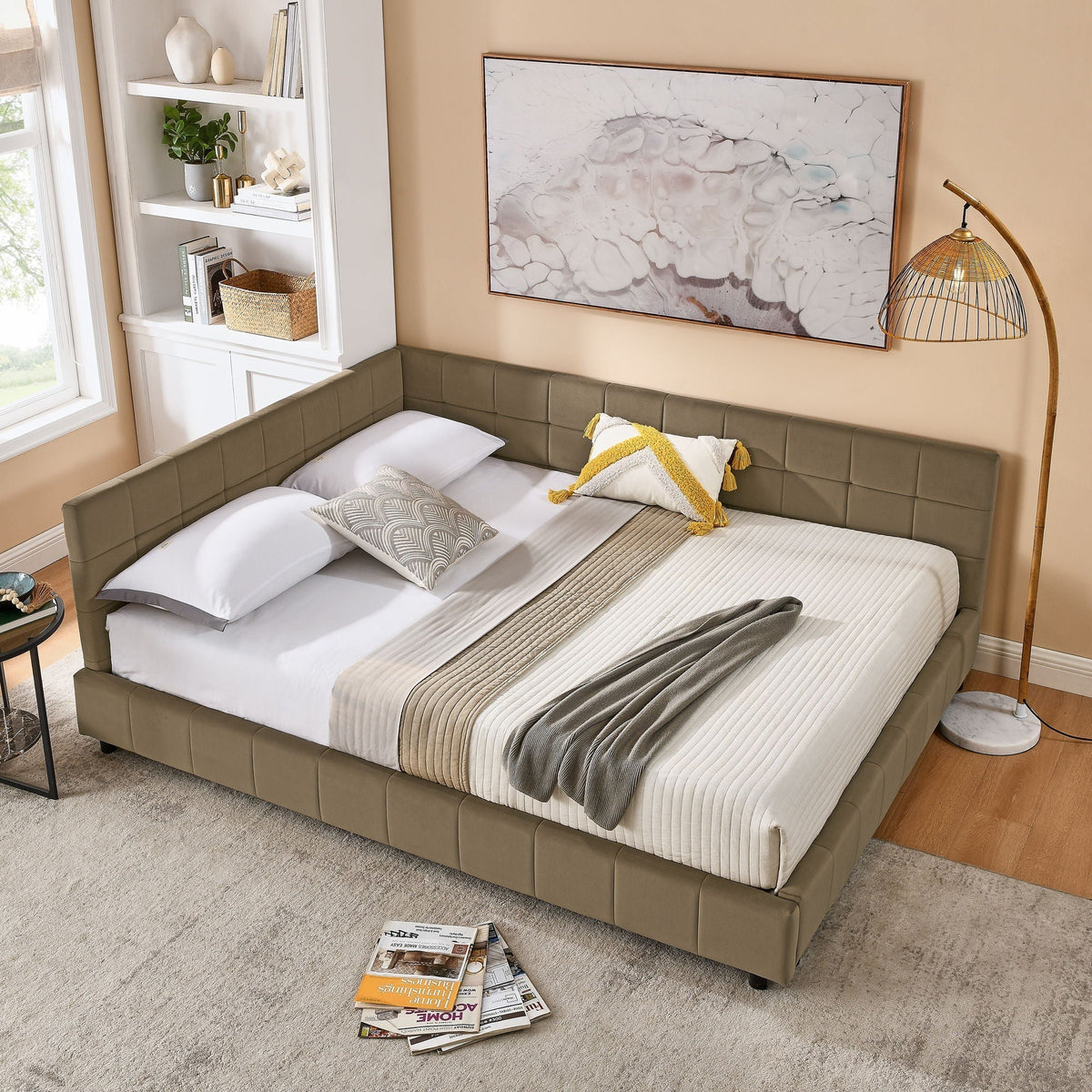 Mid-Century Storage Upholstered Tufted Bed Frame With Backrest And Armrests