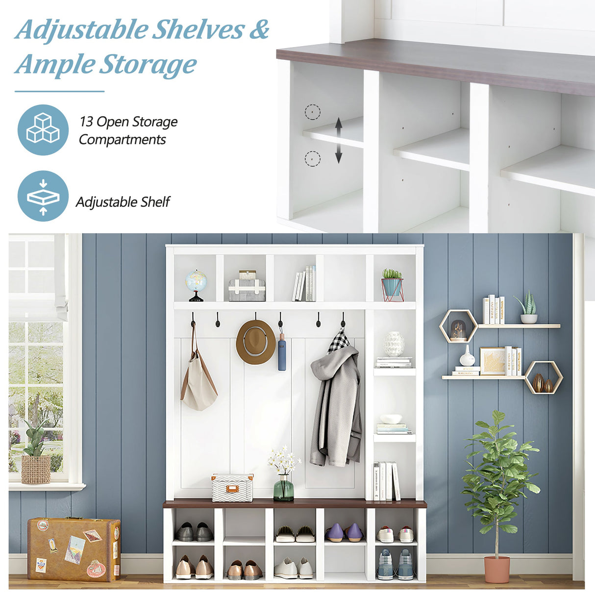 Farmhouse Wooden Hall Tree with 6 Hooks