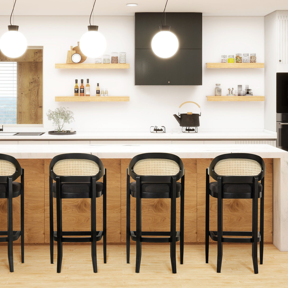 Americana Mid-Century Modern 30.5' Cane Back Bar Stool, Jet Black