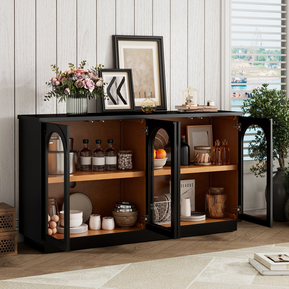 Arched Storage Cabinet with Glass Doors