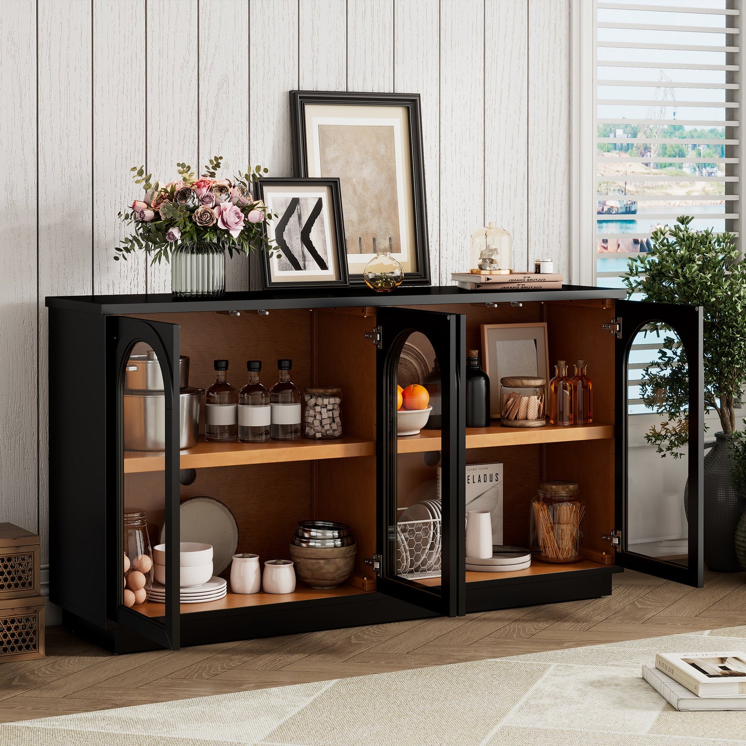 Arched Storage Cabinet with Glass Doors