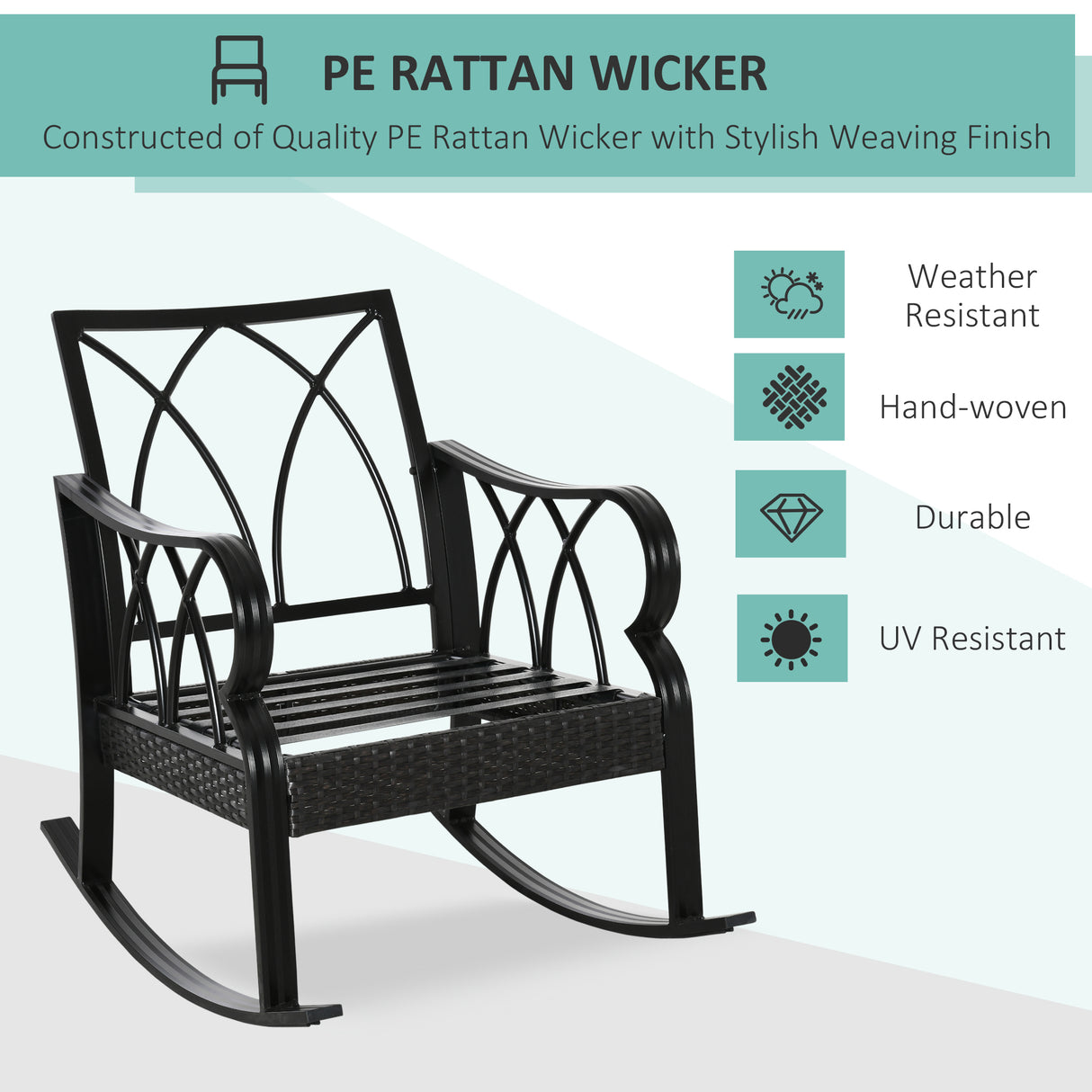 Outdoor wicker rocking chair with padded cushions, aluminum furniture rattan porch rocker chair w/ armrest