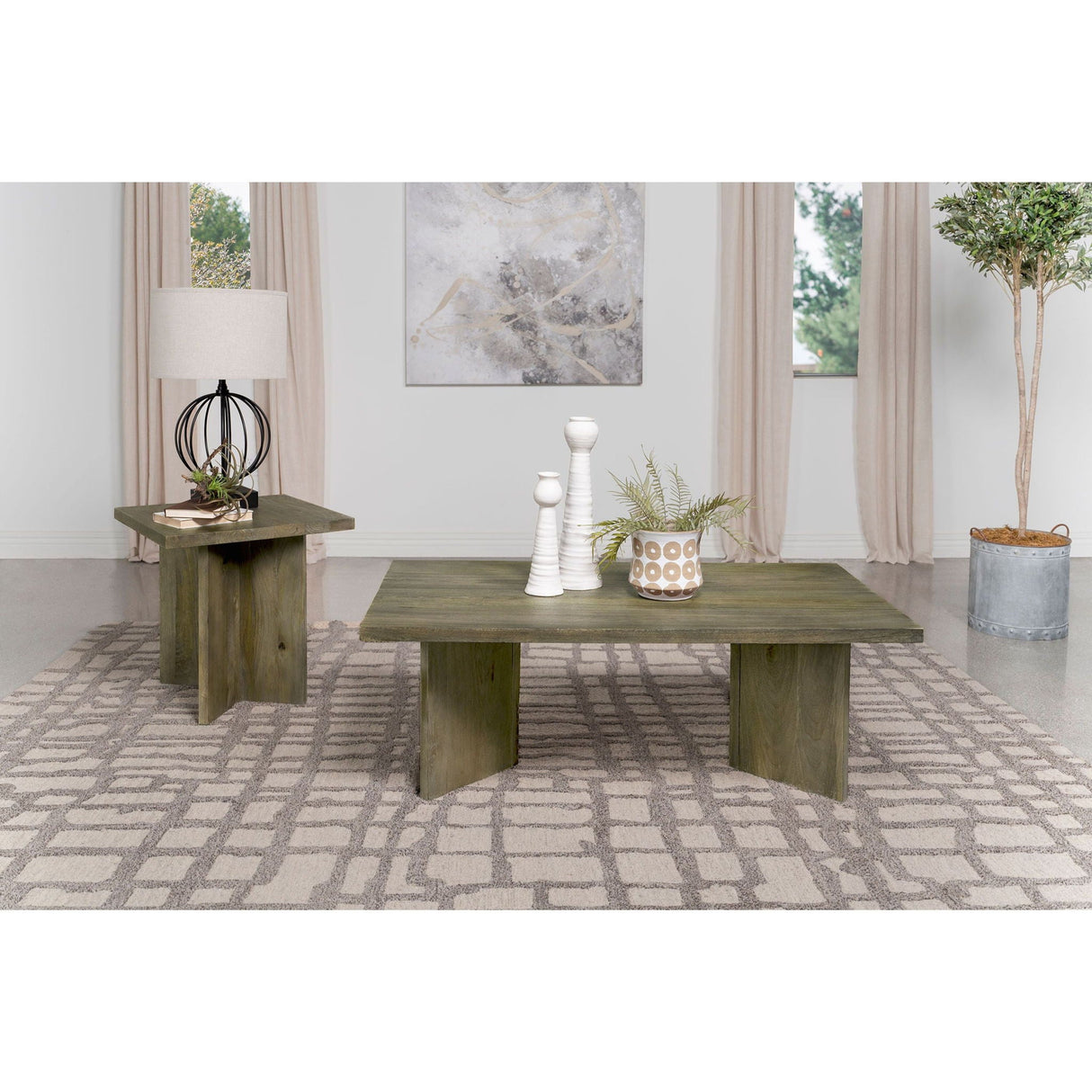 Neskowin - 2 Piece And End Table Set With Geometric Panels - Brown