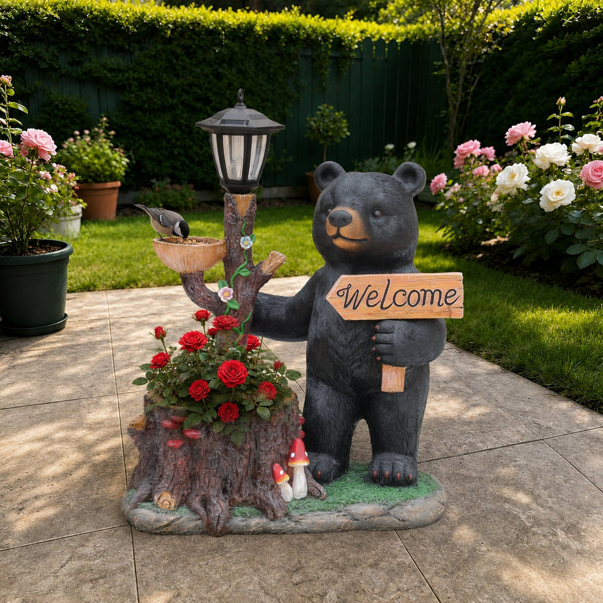 Decorative Standing Black Bear Garden Planter with Solar-Powered Lantern