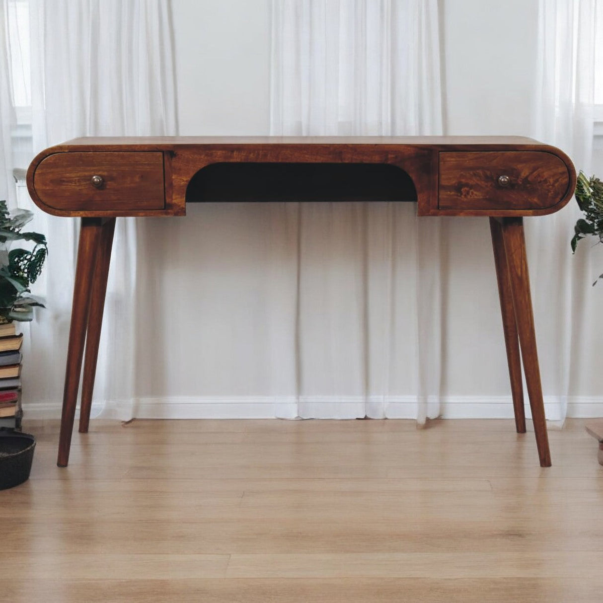 Solid Wood London Arch Writing Desk, 2-Drawers, Chestnut